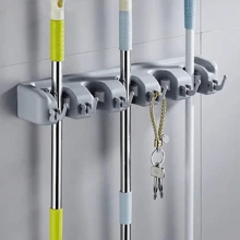 1 Piece Plastic Wall Mounted Multifunctional Broom Holder, Magic Mop Tool Storage Rack For Bathroom,Bag,Organizer,Storage,Kitchen - Grey - View 4