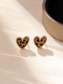 1pair Fashionable Heart Shaped Leopard Print Earrings Valentines,Mom,Mother,Mother's Day,Gift - Multicolor - View 3