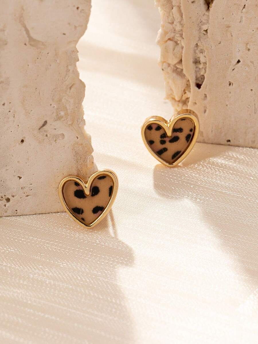 1pair Fashionable Heart Shaped Leopard Print Earrings Valentines,Mom,Mother,Mother's Day,Gift - Multicolor - View 1