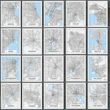 1pc A5 Size Modern Art Design Minimalist Style Linear Map Poster Of Famous Cities In Usa, Unframed, Room Decoration Gift For Living Room And Bedroom - Blue and White - View 1