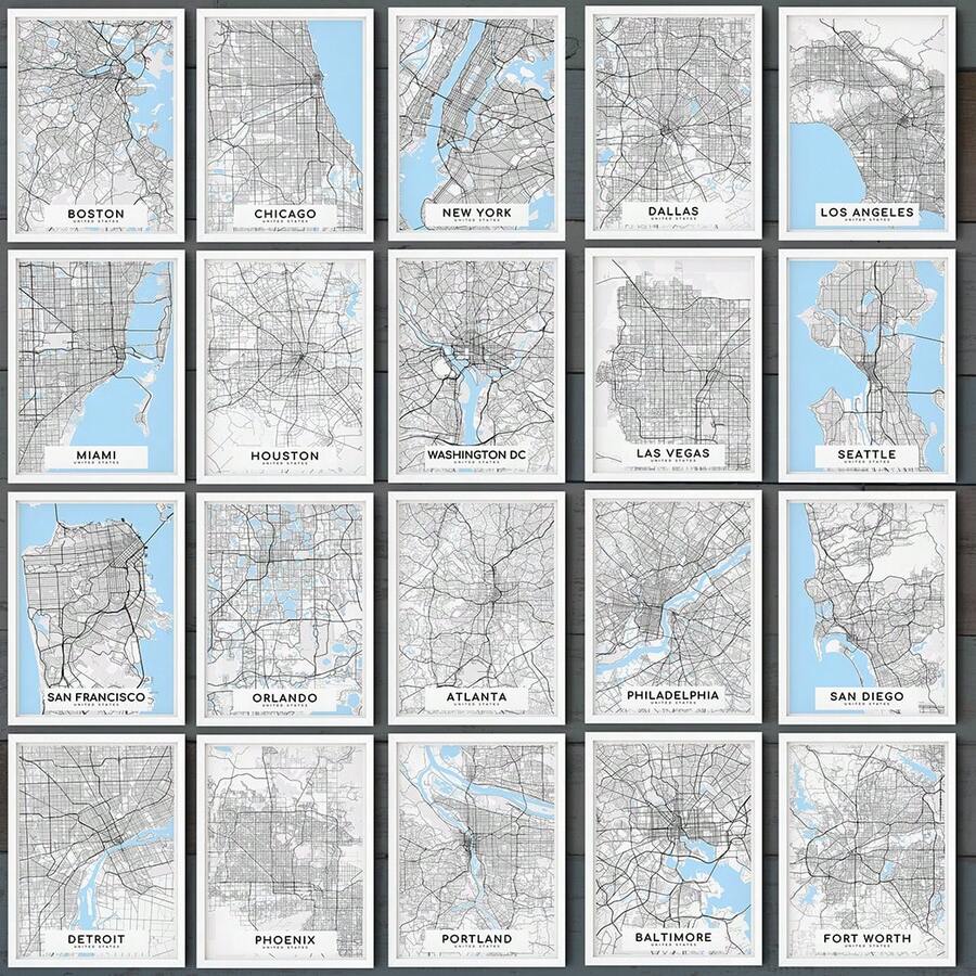 1pc A5 Size Modern Art Design Minimalist Style Linear Map Poster Of Famous Cities In Usa, Unframed, Room Decoration Gift For Living Room And Bedroom - Blue and White - View 1