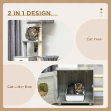 PawHut 2 In 1 Cat Tree With Litter Box Enclosure, Cat Litter Box Furniture With Cat House, Cat Bed, Posts, Platforms, For Indoor Cats - Grey - Grey - View 4