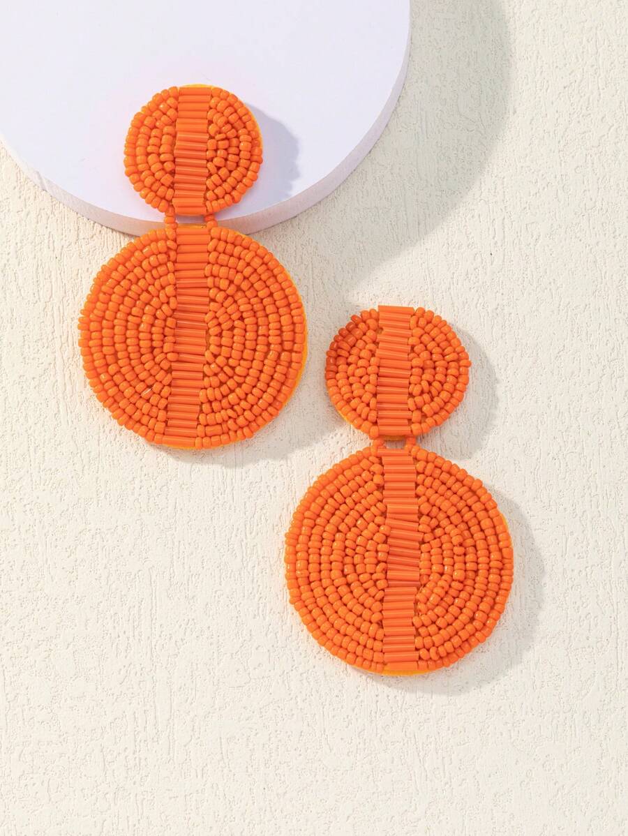 1pair Classic Round Beaded Knitting Earrings With Bohemian Style - Burnt Orange - View 1