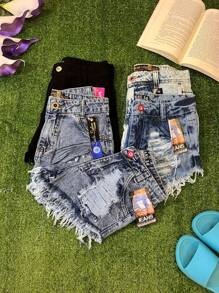 H MODA KIT DE 3 PEÇA Short jeans feminina com detalhe de rasgo cem porcento algodão - Multicolorido - Visão 3