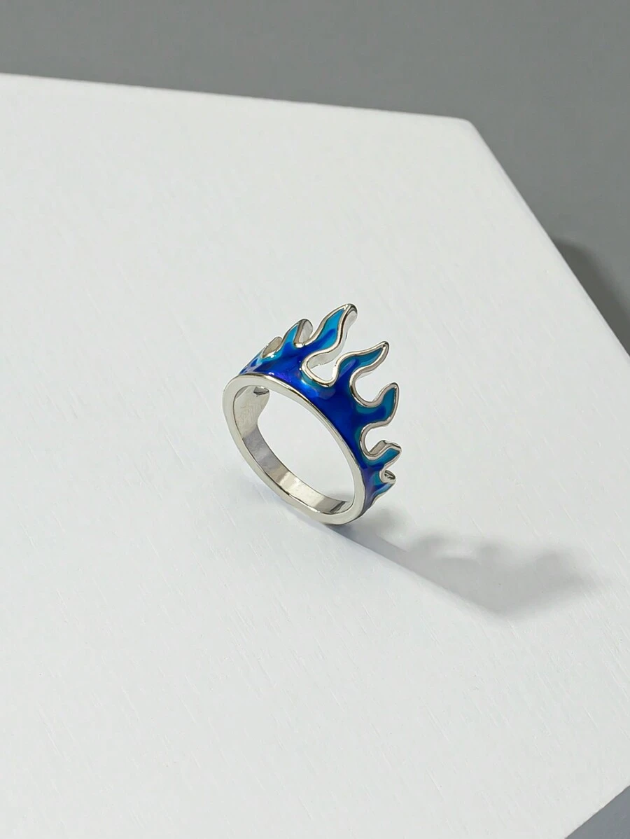 1款街頭風格火焰設計男士時尚戒指,適合日常穿戴、假日、派對禮物 - 藍色 - 查看 1