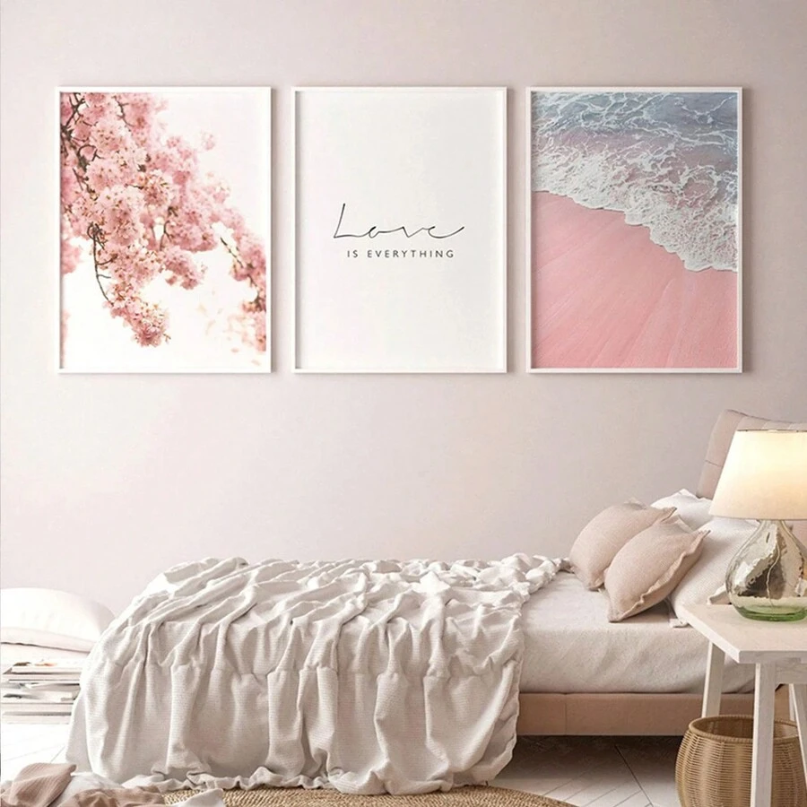 Bộ 3 tranh treo tường không khung, phong cách hiện đại, tươi mới và đơn giản, chủ đề hoa biển màu hồng. - Nhiều màu - Xem 1