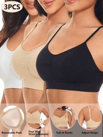 3件装女士运动文胸，无缝舒适瑜伽文胸，带可拆卸胸垫