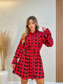 Vestido Chemise Xadrez Manga Longa - Vermelho - Visão 1
