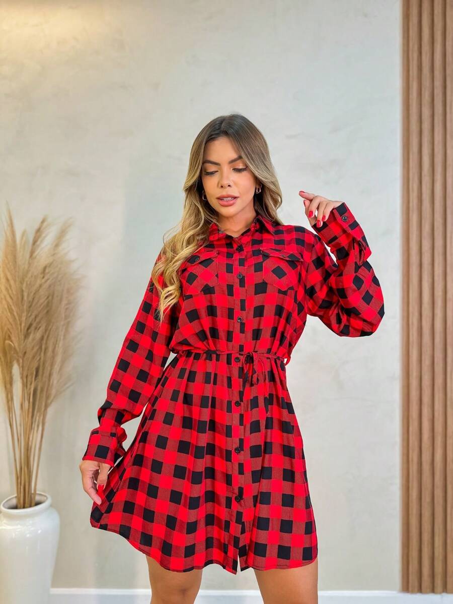 Vestido Chemise Xadrez Manga Longa - Vermelho - Visão 1