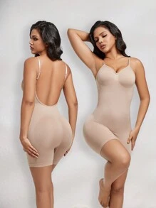 1pc Seamless High-Waisted Mid-Thigh Shapewear Romper With Butt Lifter And Backless Design - Apricot - View 4
