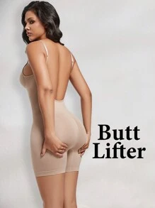 1pc Seamless High-Waisted Mid-Thigh Shapewear Romper With Butt Lifter And Backless Design - Apricot - View 2
