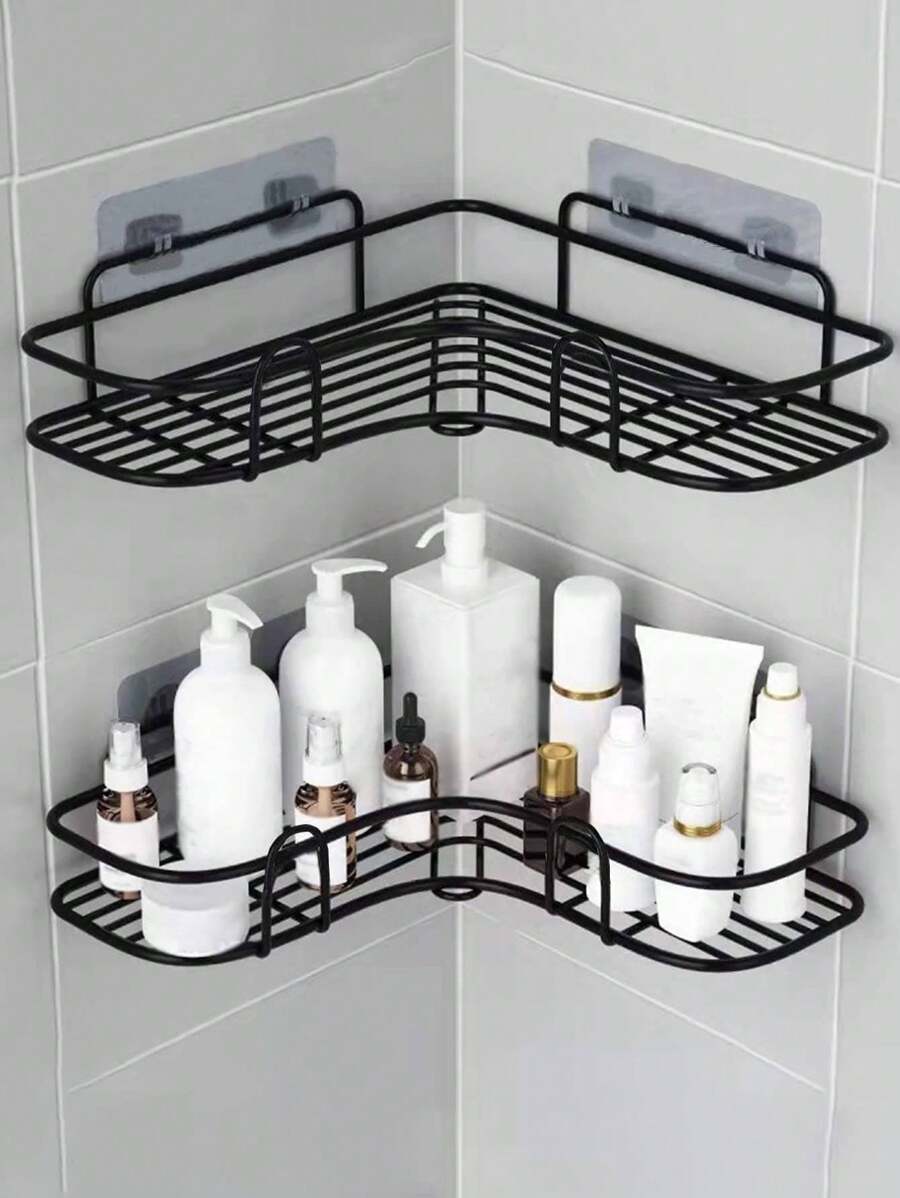 1pc Bathroom Shelf, Shower Caddy Rack, Bathroom Kitchen No-Drill Triangle Storage Rack Home Bathroom Decor Summer - Black - View 1