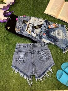 H MODA KIT DE 3 PEÇA Short jeans feminina com detalhe de rasgo cem porcento algodão - Multicolorido - Visão 2