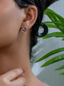 1pair Heart-Shaped Fashionable All-Match Stud Earrings - Multicolor - View 2