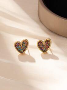 1pair Heart-Shaped Fashionable All-Match Stud Earrings - Multicolor - View 4