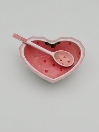 1pc 陶瓷碗，草莓图案，粉色，中式釉下彩水果沙拉餐具，生日礼物（勺子/碗/盘子颜色和图案随机），（均码，粉色碗勺套装），厨房，圣诞礼物