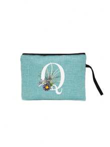 1pc 字母印花亚麻拉链袋化妆包老师感谢礼物旅行收纳袋：户外美容的完美选择！它是送给妈妈老师朋友伴娘和学生的礼物。适合日常使用生日假期海滩旅行通勤商务野餐露营超市和日常收纳礼物（随意方向握绳）女士钱包迷你钱包钱包钱包腕包钱包零钱包 - 藍色 - 查看 15