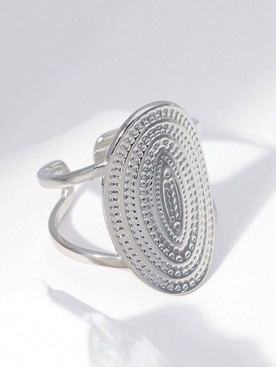 1枚几何圆形戒指，夸张个性化戒指，宽边戒指，朋克风戒指，金属质感戒指，不锈钢开口戒指，不锈钢戒指，适合日常佩戴和派对，#8可调节不锈钢凹槽戒指，粗款戒指，夏季海滩元素戒指，海龟壳戒指，适合海滩度假、婚礼季和母亲节礼物 - 銀色 - 查看 1