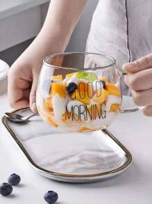 1pc Heat-Resistant Glass Milk Cup With Handle, Breakfast Cereal Bowl, Microwave Tea Cup, Large Capacity Mug - Clear - View 3