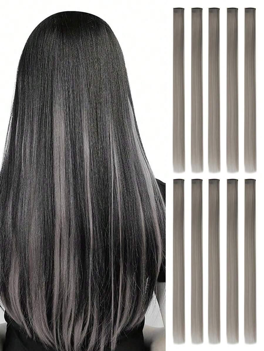 10片彩色夹式接发，20英寸直发合成假发，适用于万圣节装扮、圣诞节、派对、音乐节、新年礼物，女士（红色）