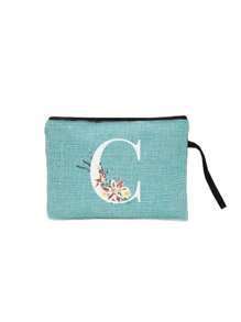 1pc 字母印花亚麻拉链袋化妆包老师感谢礼物旅行收纳袋：户外美容的完美选择！它是送给妈妈老师朋友伴娘和学生的礼物。适合日常使用生日假期海滩旅行通勤商务野餐露营超市和日常收纳礼物（随意方向握绳）女士钱包迷你钱包钱包钱包腕包钱包零钱包 - 藍色 - 查看 12