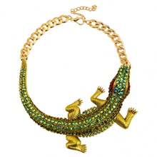 1 Pieza Collar De Babero Con Pedrería Llamativo Y Glamoroso Para Damas, Colgante De Caimán Estilo Punk, Accesorio De Joyería Fina Para Fiestas Y Noche De Vestir - Dorado - Ver 5
