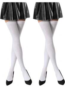 女士超長絨毛襪，大腿襪、過膝靴襪2雙入組 - 白色 - 查看 1