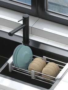 1入摺疊水槽架儲物架,廚房水槽排水籃,隔熱墊,不銹鋼排水碗架,水槽碗碟架,防漏水架 - 灰色 - 查看 4