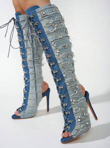 Women's  Peep Toe Knee-High Lace-Up Heels - Single Pointy Toe Denim Knee High High Heel For Casual Parties - 藍色 - 查看 4