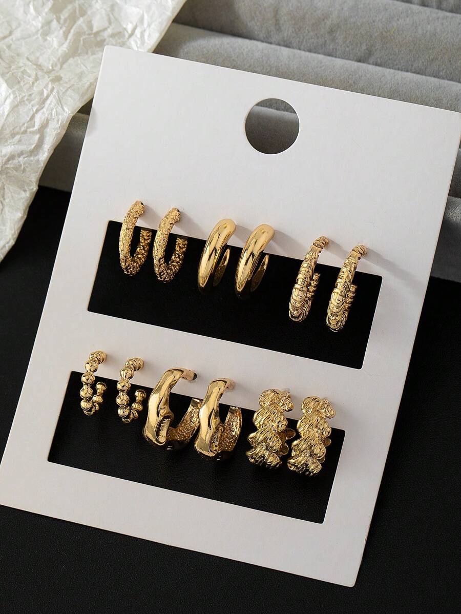 6入組幾何創意設計冷調日常佩戴簡單優雅耳釘耳環女士款 - 金黃色 - 查看 1