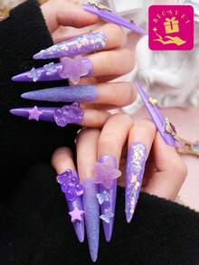 10入組y2k手工獨家設計3d甲板,超長紫色星形壓花假甲,附有3d裝飾,適用於派對和日常穿著 - 紫色 - 查看 1