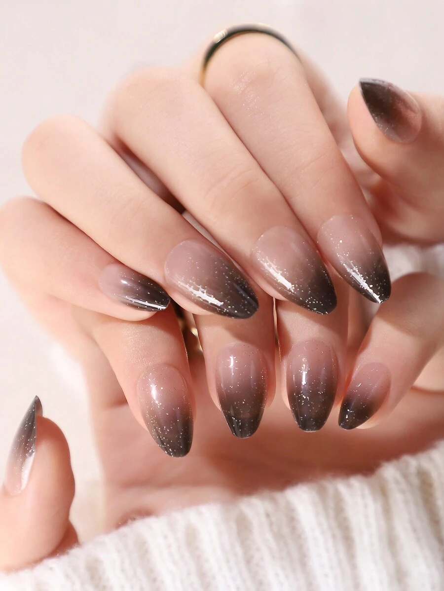 24入組/套短杏仁形現代風格黑色漸變美甲貼紙和珠光美甲貼紙,配有1個指甲緩衝器和1個果凍凝膠