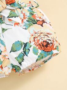 Baby Girl Spring Solid Color Sleeveless Bodysuit And Floral Printed Shorts