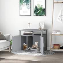 PawHut Wooden Cat Litter Box Enclosure Furniture With Adjustable Interior Wall & Large Tabletop For Nightstand - Grey - View 2