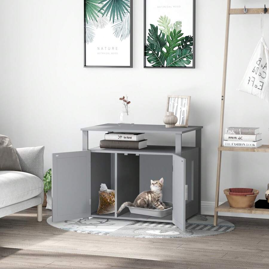 PawHut Wooden Cat Litter Box Enclosure Furniture With Adjustable Interior Wall & Large Tabletop For Nightstand