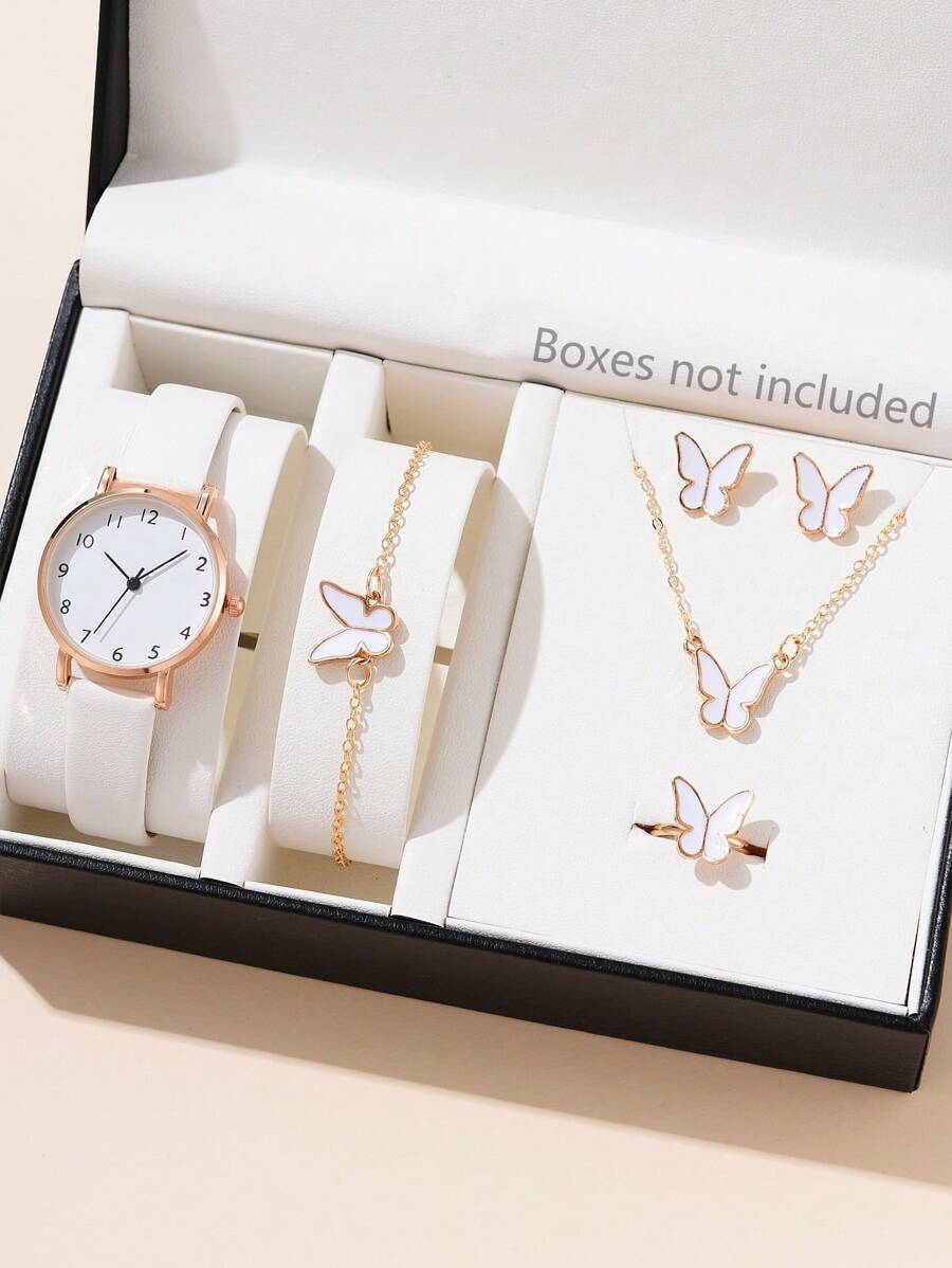 GAIETY 6入組女士手錶套裝，皮帶石英手錶，蝴蝶和星星項鍊，蝴蝶手鍊，戒指和耳環 - 白色 - 查看 1
