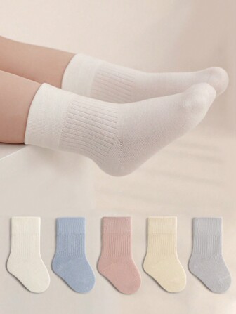 5pairs All Seasons Solid Color Kids' Mid-Calf Socks With Wide Mouth Comfortable Compression Socks