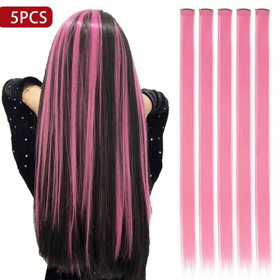 5pcs Pink Clip-In Hair Extensions, 20 Inches Long Straight, Synthetic Material, Suitable For Halloween Cosplay, Dress Up, Fashion Parties, Christmas, New Year And Other Occasions, Can Be Used As Gifts For Women, Also Applicable For Christmas, New Year Carnival, Music Festivals And Other Events (Pink)