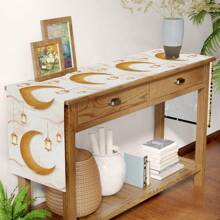 1 Stück Gold Mond & Laternen Muster Tischläufer, moderner Stil, rechteckiger rutschfester hitzebeständiger und leicht zu reinigender Tischdecke und Tischläufer aus Imitationsleinen, geeignet für Festivals, Feiern, Partys, Restaurants, Küchen und die Heimdekoration.