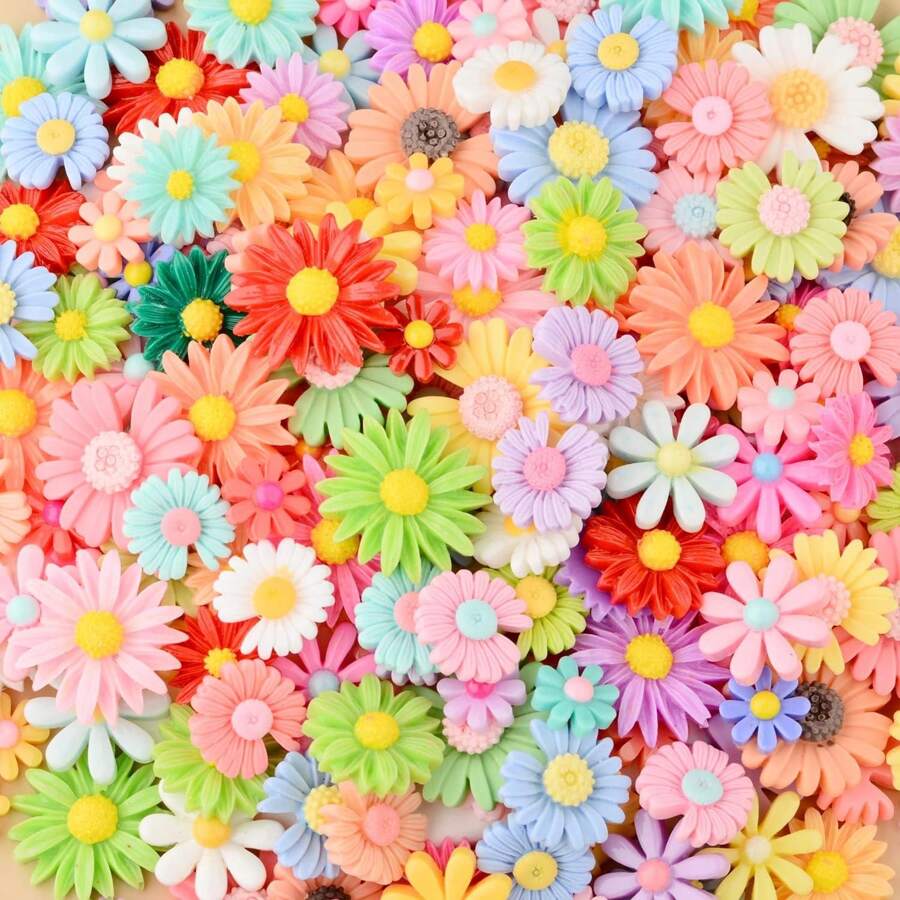 50 piezas surtidas de 3 tamaños de encantos de resina de flores de margarita, cuentas de plástico y cabuchones planos para hacer joyas, tarjetas, scrapbooking, accesorios para el cabello y manualidades de verano y escolares - Multicolor - Ver 1