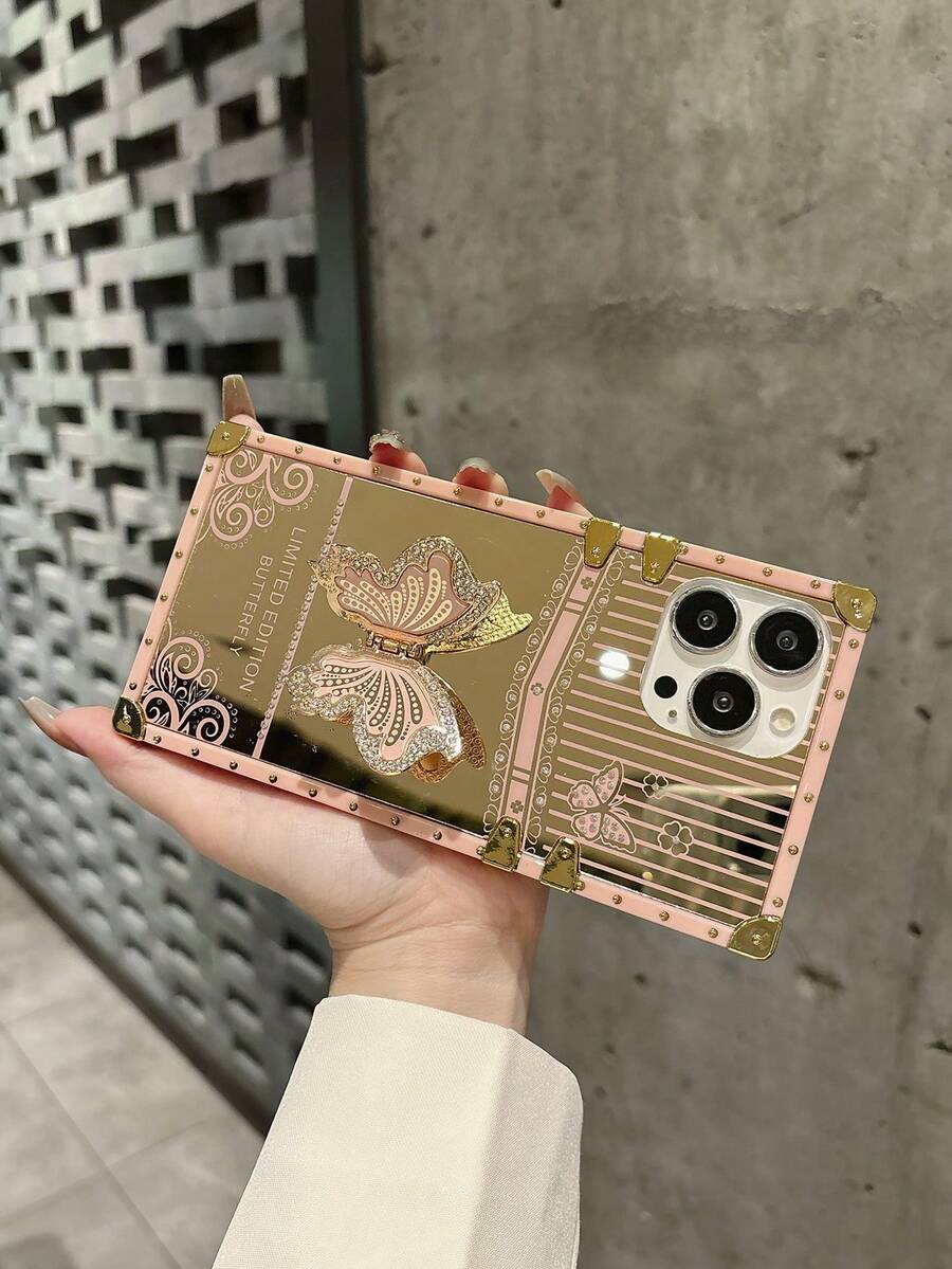 1 Ốp điện thoại thời trang chống rơi hình chữ nhật đính đá hình bướm hồng hợp thời trang tương thích với iPhone 15 Pro Max