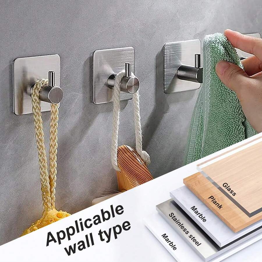 多功能掛鉤,自粘勾子,sus 304不銹鋼方形自粘勾子,重負荷不銹鋼自粘勾子,淋浴牆掛勾,廚房浴巾自粘勾子,防水不銹鋼掛鉤,掛衣帽,毛巾浴袍掛勾,浴室和臥室掛勾,多種款式可選,1/2/4入裝 - C-銀色 - 查看 1