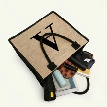 1 Peça Bolsa de Linho Amarela com Impressão de Letra Simples, Bolsa de Presente de Casamento Personalizada para Madrinhas, Bolsa de Viagem e Armazenamento, Bolsa de Maquiagem de Viagem de Grande Capacidade: Perfeita para Beleza ao Ar Livre! Adequada para Bolsa de Armazenamento Portátil e Casual de Casamentos, Bolsa de Compras Multifuncional, Design Totalmente Novo, Grande Capacidade, Opção de Compras Ideal, Melhores Presentes de Natal para Professores - Caqui - Visão 4