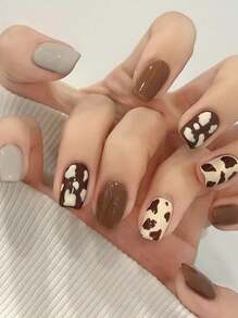 1 Juego Uñas Postizas Con Patrón De Leopardo De Color Café, Patrones Únicos Y Modernos Para Decoración De Uñas - Multicolor - Ver 1