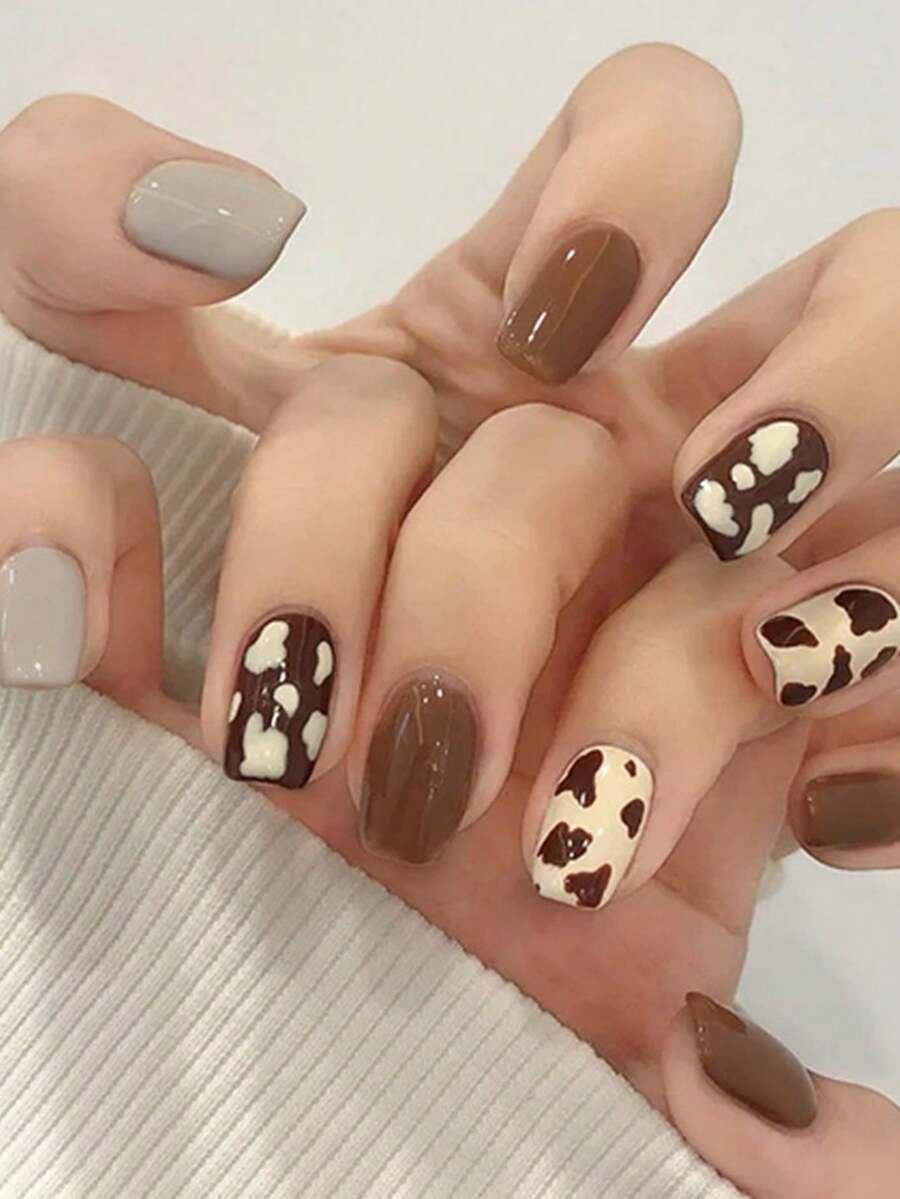 1 Juego Uñas Postizas Con Patrón De Leopardo De Color Café, Patrones Únicos Y Modernos Para Decoración De Uñas - Multicolor - Ver 1