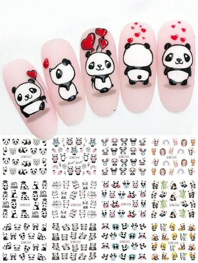 12 Design Nail Art Stickers Cute Panda Lovely Kawaii Cartoon Animals Pattern Nail Sliders Water Transfer Nail Art Decals Summer Spring Manicure Decorations