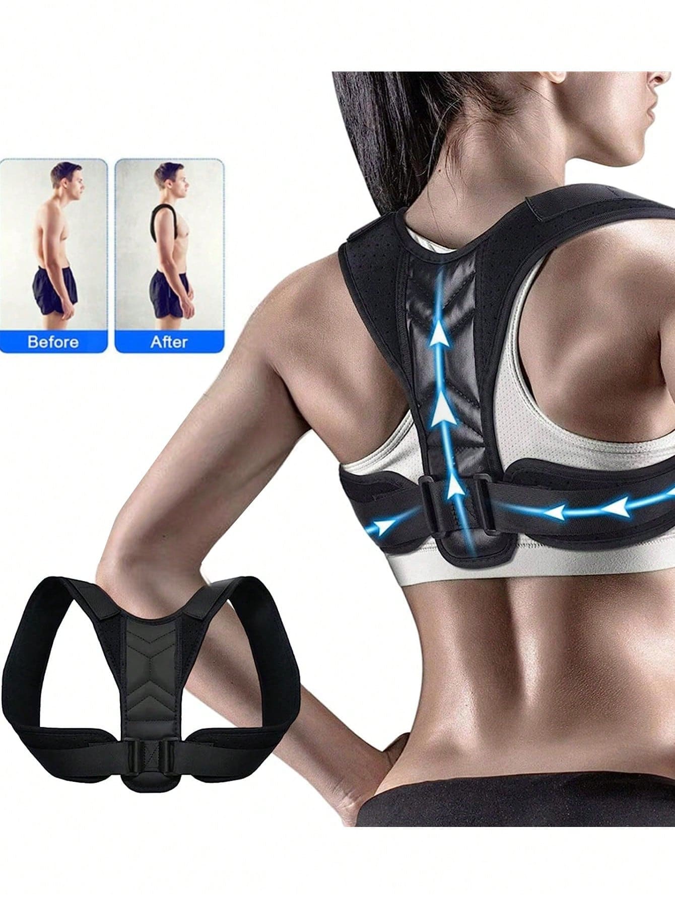 1 pieza Soporte para la espalda, aparato ortopédico deportivo unisex con cierre de gancho y bucle, corrector de postura ajustable, soporte para la espalda, cómodo entrenador de postura para corrección de la columna y soporte de la postura, corrector de joroba, correa de ejercicio, se puede usar para deportes al aire libre, ayuda a ponerse en buena forma - Negro - Ver 1