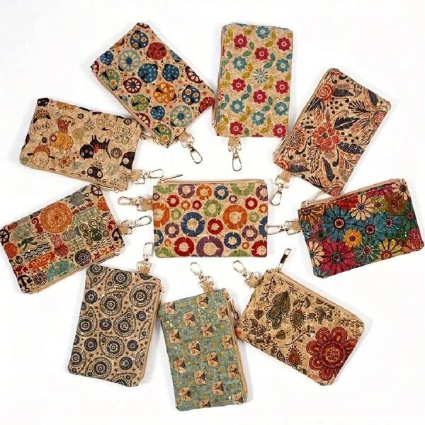 1pc Floral Pattern Mini Coin Purse, Women's Wallet With Retro Printed, Compact Coin Pouch, Imported Soft Cork Material, Zipper Wallet With Wrist Strap, Retro Ultra-Thin Key Holder, Small Portable Square Handbag Suitable For Commuting, Shopping, Office Use