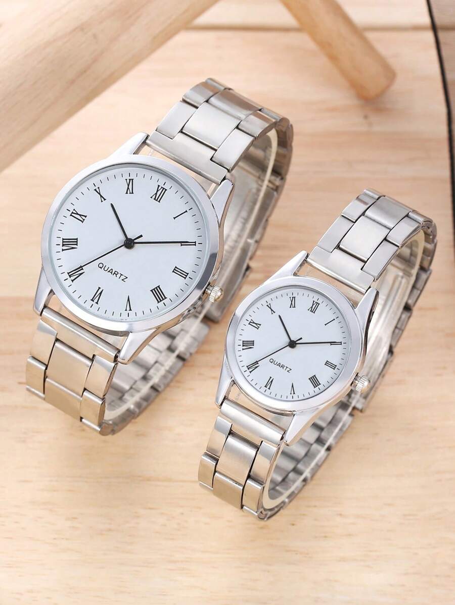 2 件套时尚简约情侣圆盘石英表，送给孩子的礼物，情人节 - 銀色 - 查看 1