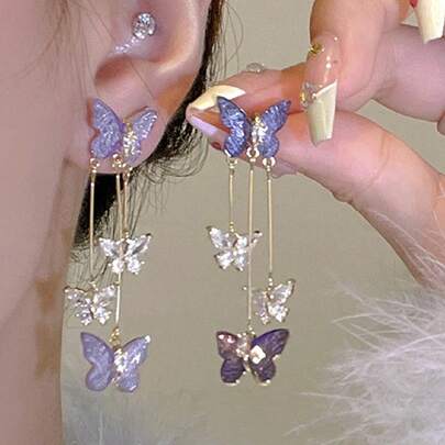 1對超仙的品質紫色蝴蝶設計長流蘇耳環,日常飾品